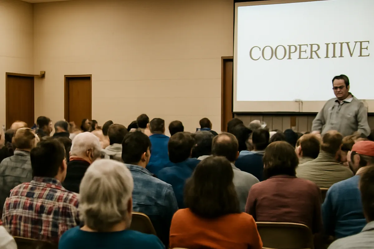 Community members attending a cooperative credit union member meeting in a community hall