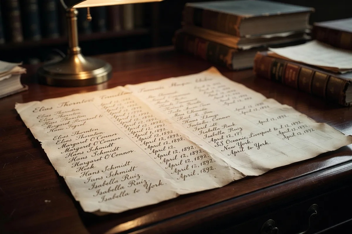 Close-up of a historical ship passenger manifest document with handwritten Ukrainian surnames