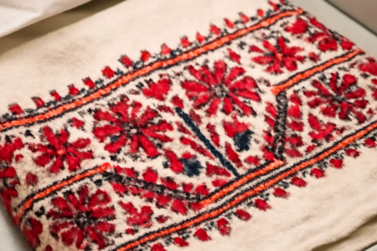 Close-up of a preserved hand-embroidered Ukrainian folk textile in a museum archival storage drawer