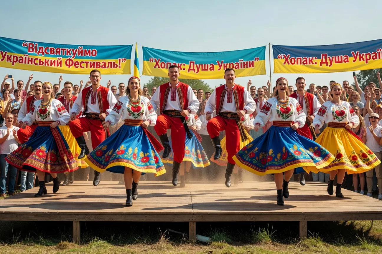 Ukrainian folk dancers in traditional costume performing hopak at an outdoor festival stage