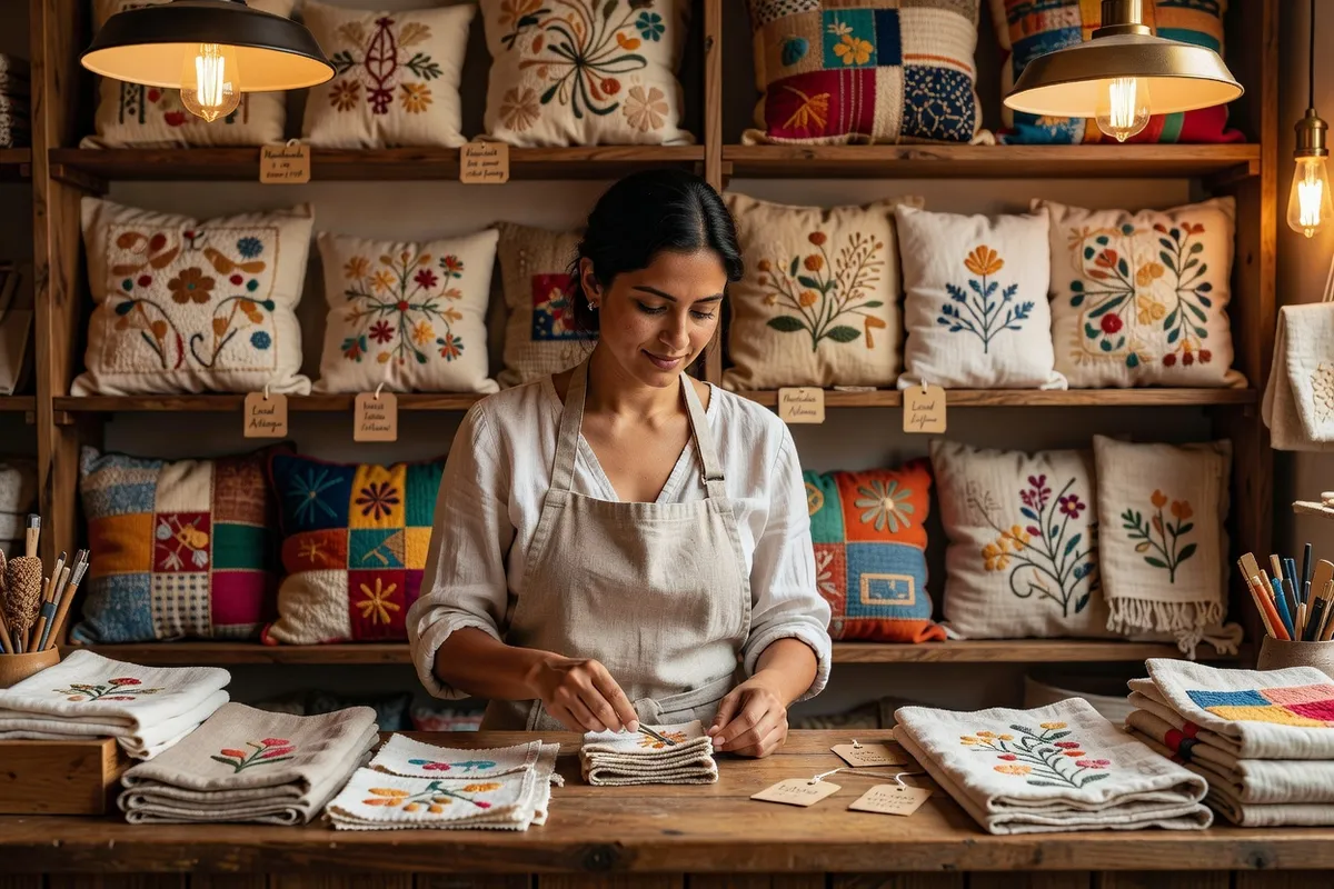 Newcomer entrepreneur working at a small business counter with handmade Ukrainian craft products displayed