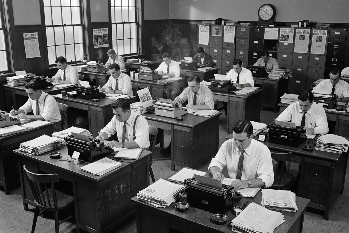 Archival photograph style image of a Ukrainian-Canadian newspaper newsroom with editors at desks