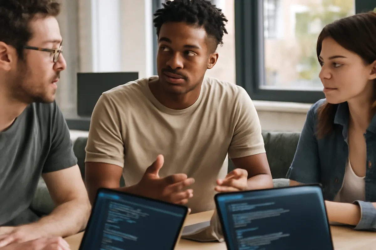 Small group of software developers discussing at laptops during a community tech meetup