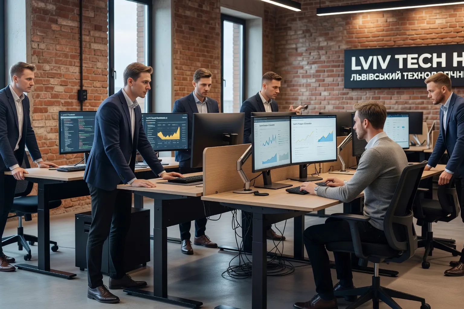 Ukrainian IT engineers working in a Lviv office with Ukrainian and EU flags