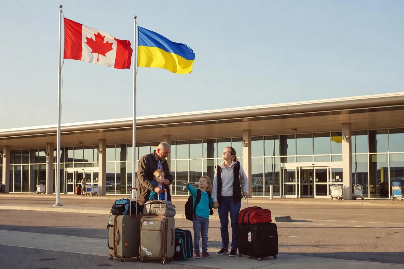 Ukrainian family arriving at a Canadian airport under CUAET 2026