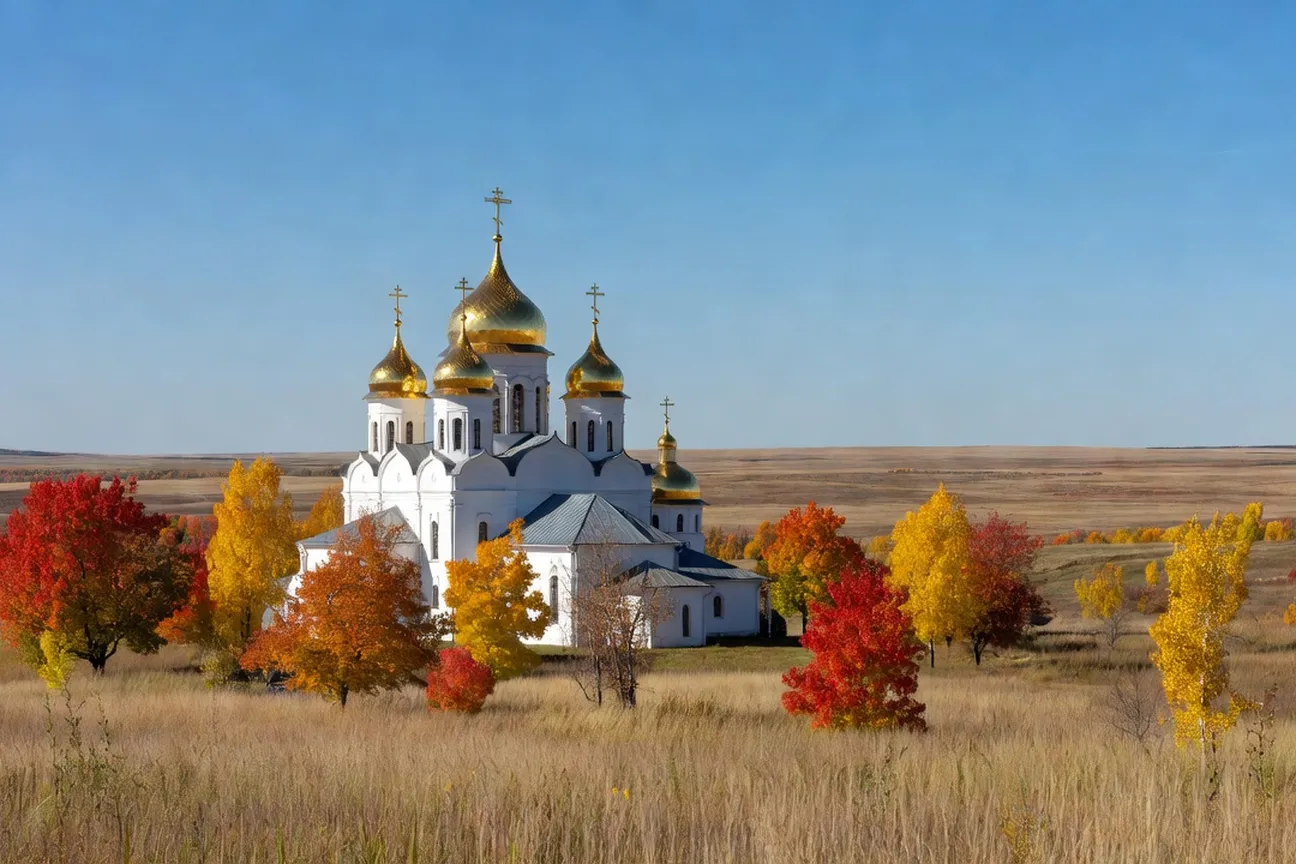Ukrainian church with onion domes on the Canadian Prairies