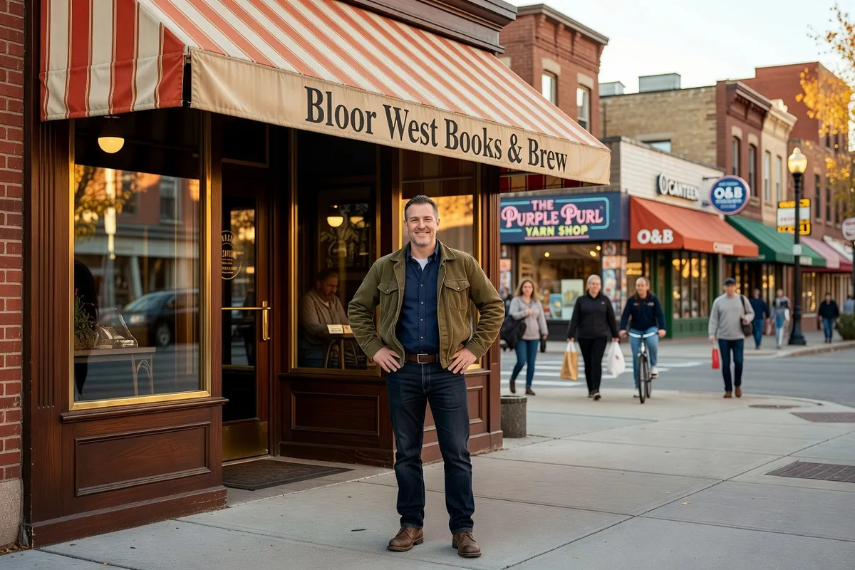 Ukrainian Canadian business owner in front of a storefront