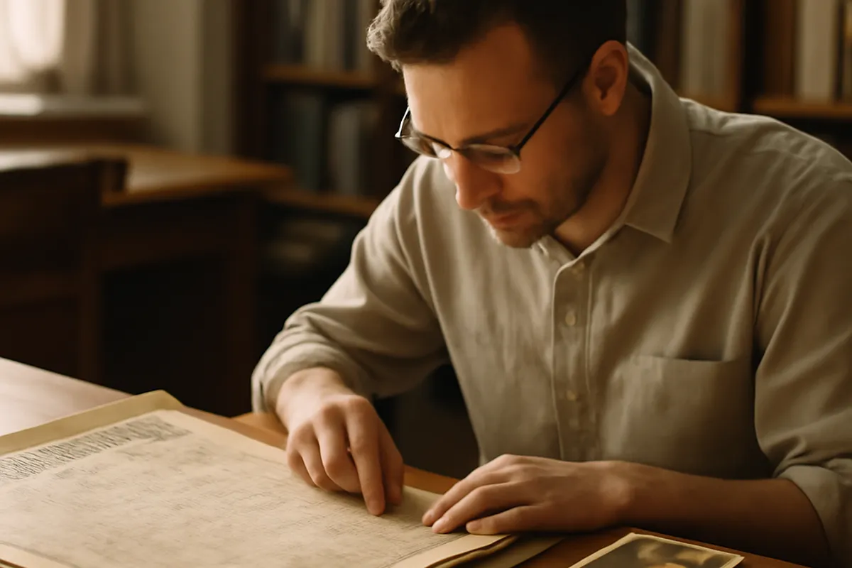 Ukrainian Canadian genealogist reviewing archival family records