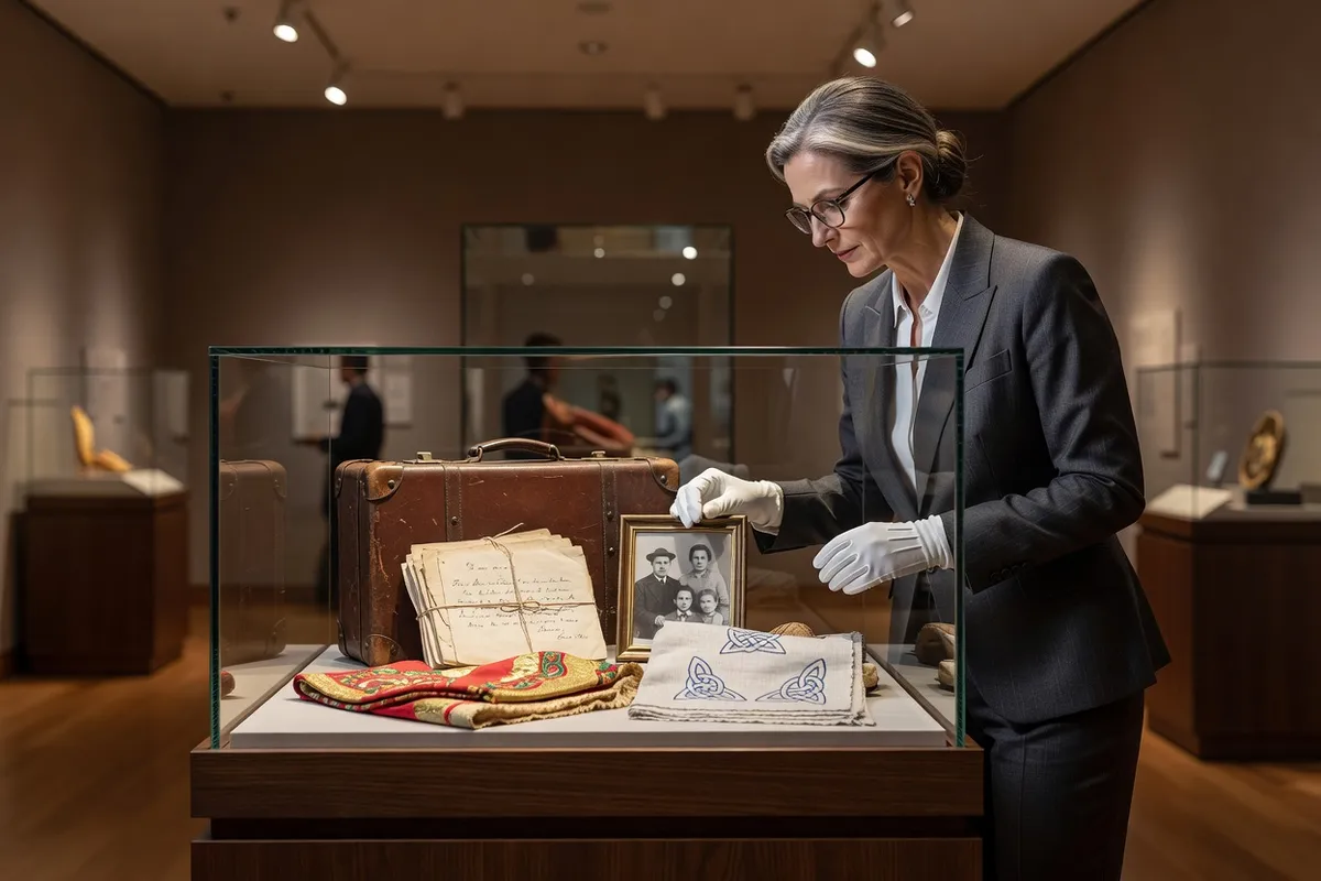 Ukrainian Canadian museum curator examining diaspora heritage artifacts