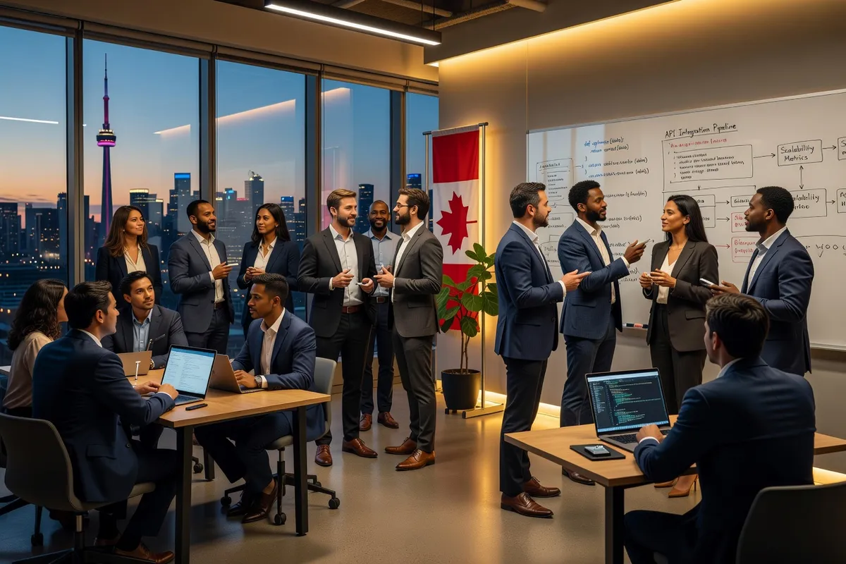 Ukrainian Canadian tech professionals networking at an evening meetup event
